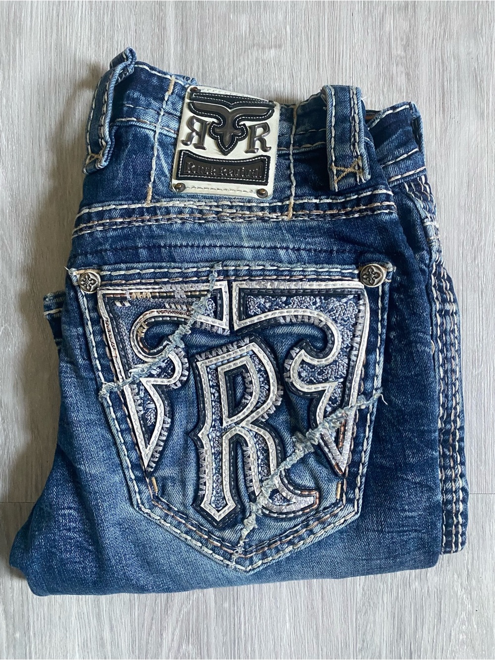 Rock Revival Distressed Blue Embroidered Pocket Bootcut Jeans